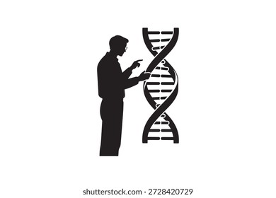 Silhouette of a scientist interacting with a large DNA helix model - Man examining genetic code and biotechnology DNA structure silhouette