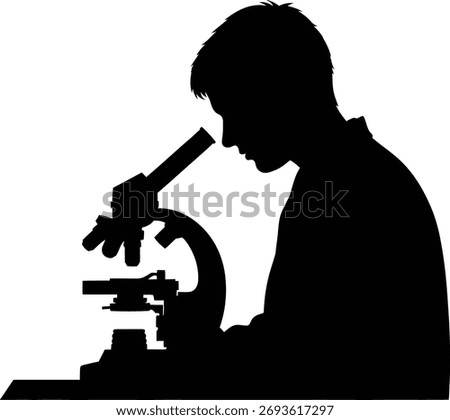 Silhouette of a scientist looking through a microscope, representing research, discovery, and scientific exploration.
