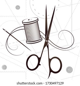 Silhouette scissors and needle with thread for cutting and sewing