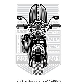 Silhouette of scooter front view with text retro style isolated on white