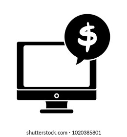 silhouette screen computer with dollar symbol inside chat bubble