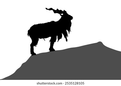 Silhueta de cabra de chifre de parafuso em colina, markhor. Ilustração vetorial