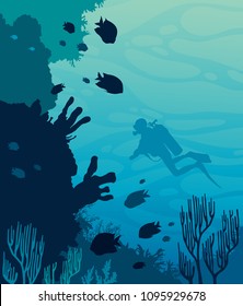 Silhouette of scuba diver and coral reef on a blue sea background. Vector nature illustration. Underwater marine life. 