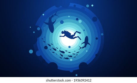 Silhouette of scuba diver and coral reef with fish in blue round vector illustration.