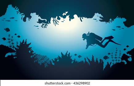 Silhouette of scuba diver and coral reef with fish on a blue sea. Vector illustration with tropical underwater cave. 
