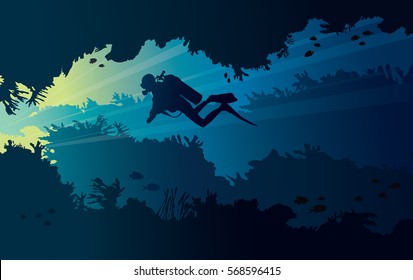 Silhouette of scuba diver and coral reef with fish on a blue sea. Vector illustration with tropical underwater cave. 