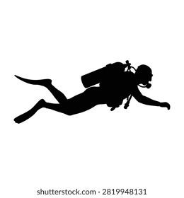 Silhouette of a scuba diver in diving gear swimming underwater with oxygen tank on