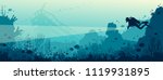 Silhouette of scuba diver with lantern and coral reef with fishes on a blue sea. Vector nature illustration. Marine underwater life. Wreck diving. 