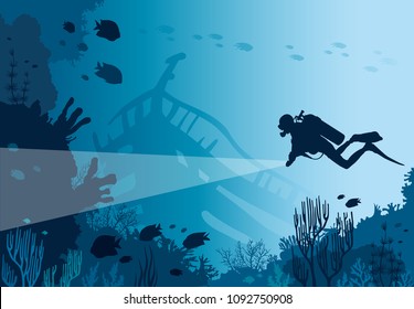 Silhouette of scuba diver with lantern and coral reef with fishes on a blue sea. Vector nature illustration. Marine underwater life.