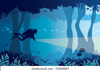 Silhouette of scuba diver with lantern, coral reef with school of fish and underwater cave on a blue sea. Vector nature illustration. 