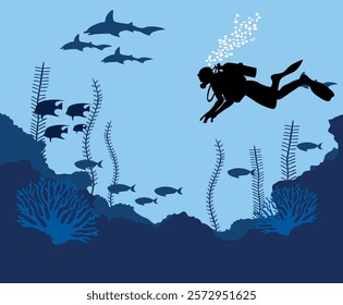 Silhouette of scuba diver on a coral reef Vector illustration