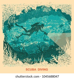 Silhouette of scuba diver swimming deep underwater. Vintage sea poster background 