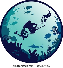 Silhouette of scuba diver swimming near the coral reef and fishes on a blue sea background. Vector tropical illustration with underwater marine wildlife. Water sport