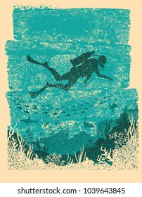 Silhouette of scuba diver swimming underwater.Vintage sea poster 