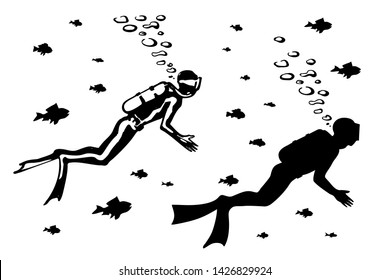 Silhouette of scuba diver swimming in the water and small fish. Stock vector on a  isolated white  background.