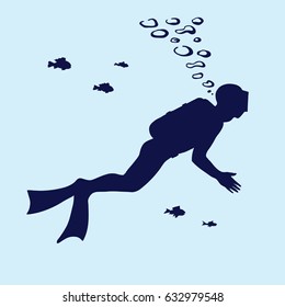 Silhouette of scuba diver swimming in the water and small fish. Stock vector on a blue background.