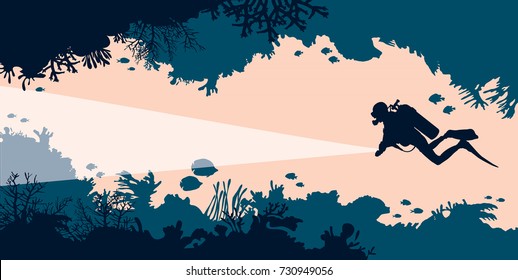 Silhouette of scuba diver and underwater cave with corals and fishes. Vector illustration. Sea wildlife.