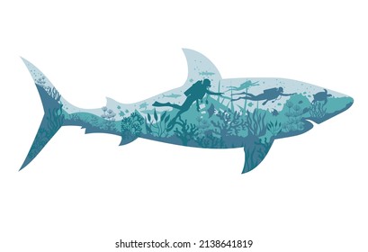 Silhouette Of A Scuba Diver With The Underwater Live With A Shark Shape As A Background