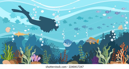 Silhouette of scuba diver in underwater marine life and coral reef with school of fishes on a blue sea. Vector nature illustration.