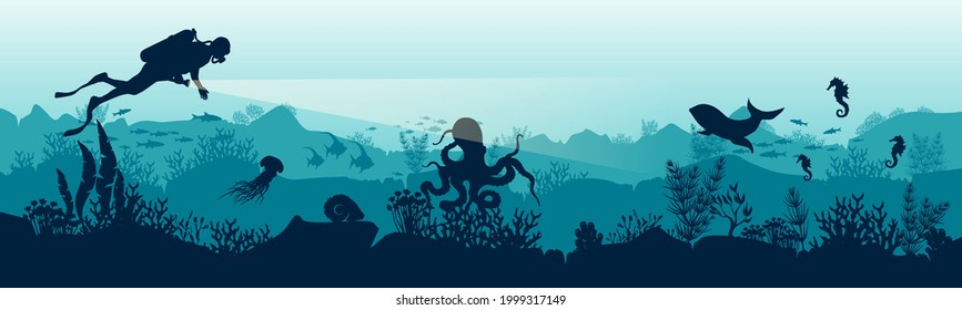 Silhouette of a scuba diver in the underwater world. The diver is watching the fish. Stock vector illustration. EPS 10. Panoramic view of the underwater world. Illustration for underwater tourism.