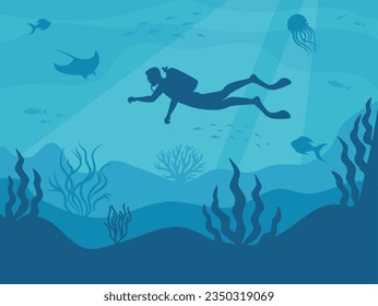 Silhouette of a scuba diver in the underwater world. The diver dives to the depths of the ocean. Vector illustration