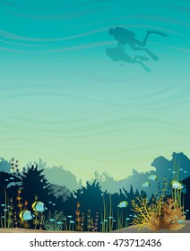 Silhouette of scuba divers and colorful coral reef with tropical fish. Underwater vector illustration. Travel and adventure in a sea.