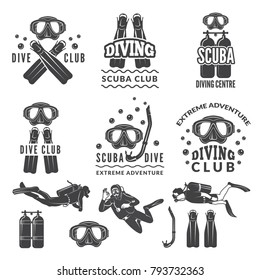 Silhouette of scuba and divers. Labels for sea sport club. Diver emblem, underwater sport vector illustration