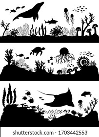 Silhouette of sea coral reef, oceanic animal set. Vector illustration.