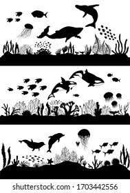 Silhouette of sea coral reef, oceanic animal set. Vector illustration.