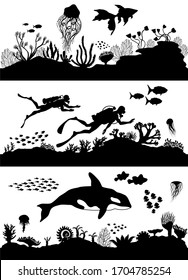 Silhouette of sea coral reef, oceanic diving set. Vector illustration.