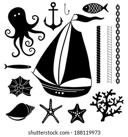 Silhouette Sea - Hand drawn set of sea symbols including sailing boat, octopus, fish, shells, coral