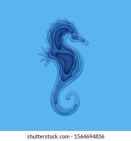 Silhouette of a sea horse cut out of paper. Papercut hippocampus 3d element marine. Craft underwater ocean cave in blue color. Vector sea-horse World Ocean Day June 8 poster concept.