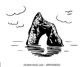 Silhouette of a sea rock in calm, vector sketch. Crimea, Kara-Dag