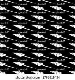 Silhouette of Sea Spindle Tibia. Seamless pattern of seashells and calligraphy. Black and white hand-drawn collection. Vector illustration.