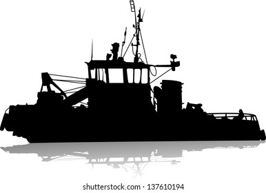 Silhouette of the sea towboat ship