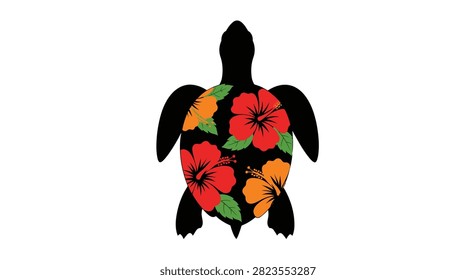 Silhouette of sea turtle with black body and shell filled with bright red and orange hibiscus flowers on white background.