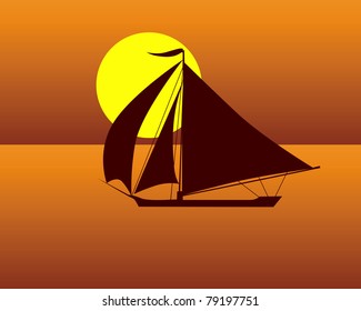 silhouette of a sea  turtle boat against the evening sky and sun
