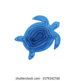 Silhouette of a of sea turtle cut out of paper. Papercut 3d element marine. Craft underwater ocean cave in blue color. Vector ecological concept the Earth posters, World Water Day, eco brochures.