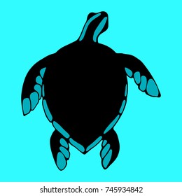 Silhouette of a sea turtle with large paws on a blue background.Vector image.