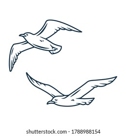 Silhouette of a seagull flying in the sky by the sea. Vector element of gull for marine nautical logo design