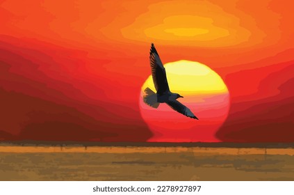 The silhouette of seagull flying at sunset. Vector Illustration