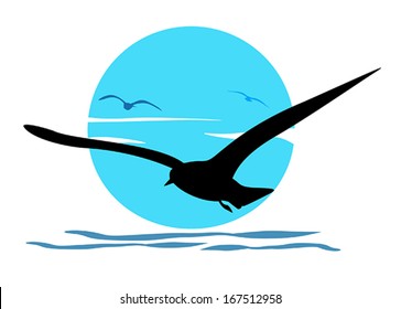 Silhouette of seagull on sea sunrise, vector 