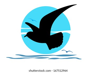 Silhouette of seagull on sea sunrise, vector 