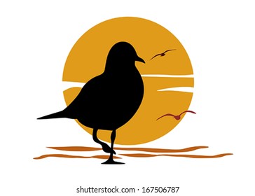 Silhouette of seagull on sea sunset, vector