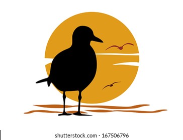 Silhouette of seagull on sea sunset, vector