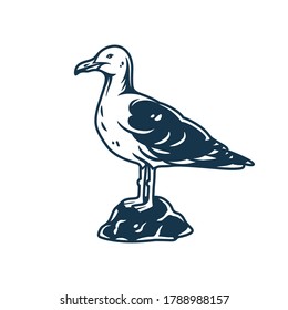 Silhouette of a seagull which sits on a stone by the sea. Vector element for marine nautical logo design