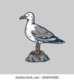 Silhouette of a seagull which sits on a stone by the sea. Vector element for marine nautical logo design