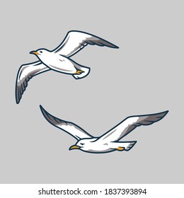 Silhouette of a seagull which sits on a stone by the sea. Vector element for marine nautical logo design