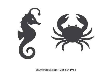Silhouette of seahorse and crab Vector Illustration, sea creatures, Deep underwater Ocean, marine Life.