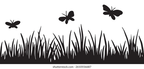 silhouette of seamless border with wild flowers and grass. vector drawing in sketch style